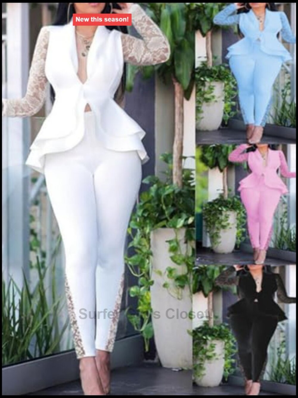 Deep V Neck Ruffle Blazer Two Piece Outfits Long Sleeve Pants Business Suit Set - Picture 3 of 6